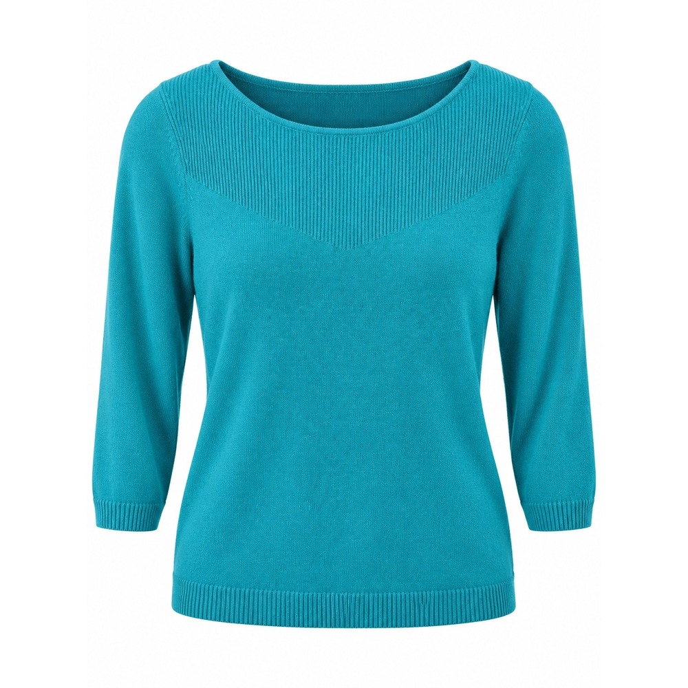 Talbots Pure Cashmere Petite Sweater Teal Blue Boat Neck 3/4 Sleeve Ribbed